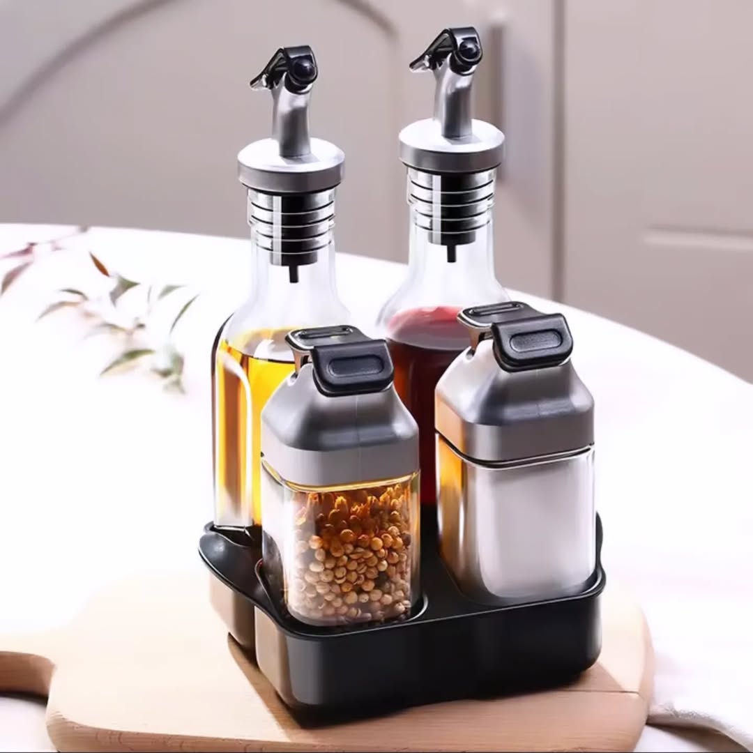 Set of 5, oil, vinegar, salt and pepper shakers