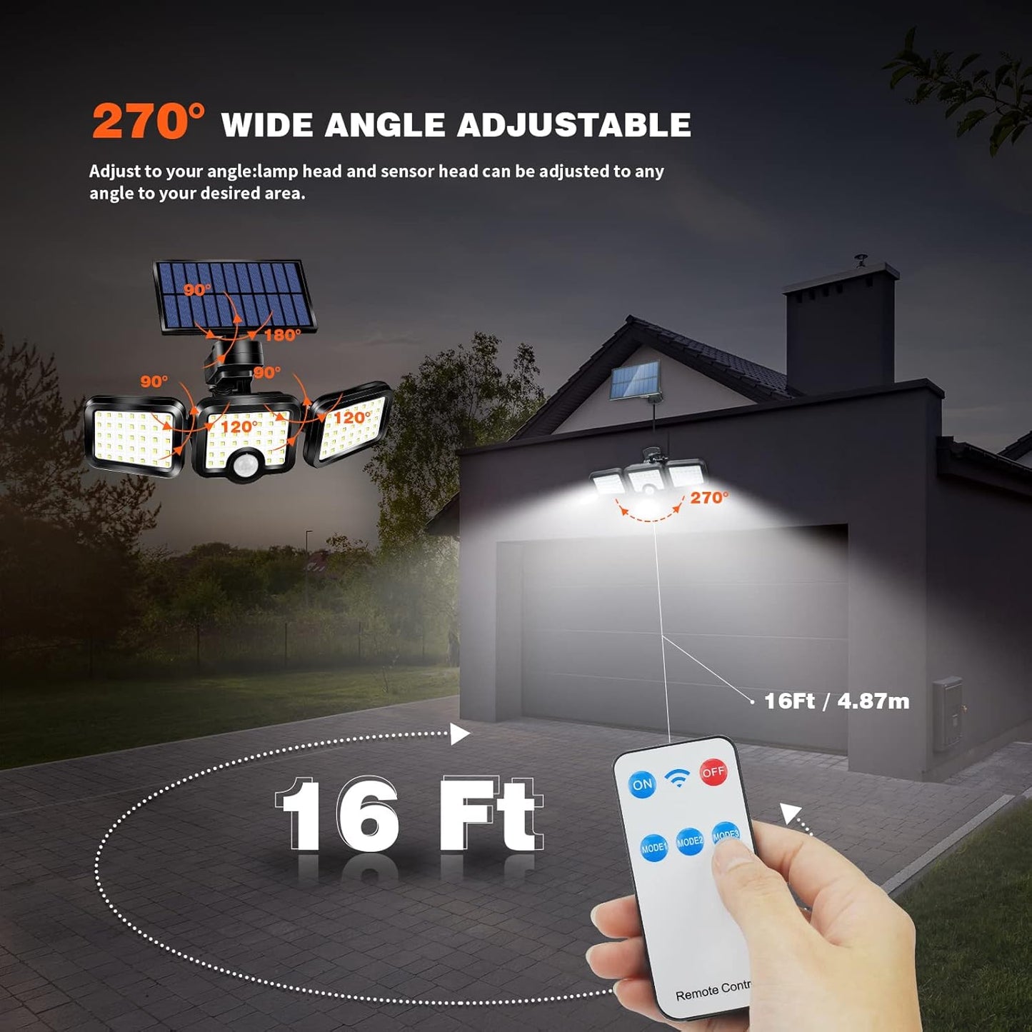 Solar Light Three Rotatable Heads Solar Motion Sensor Flood Lights Outdoor with Remote