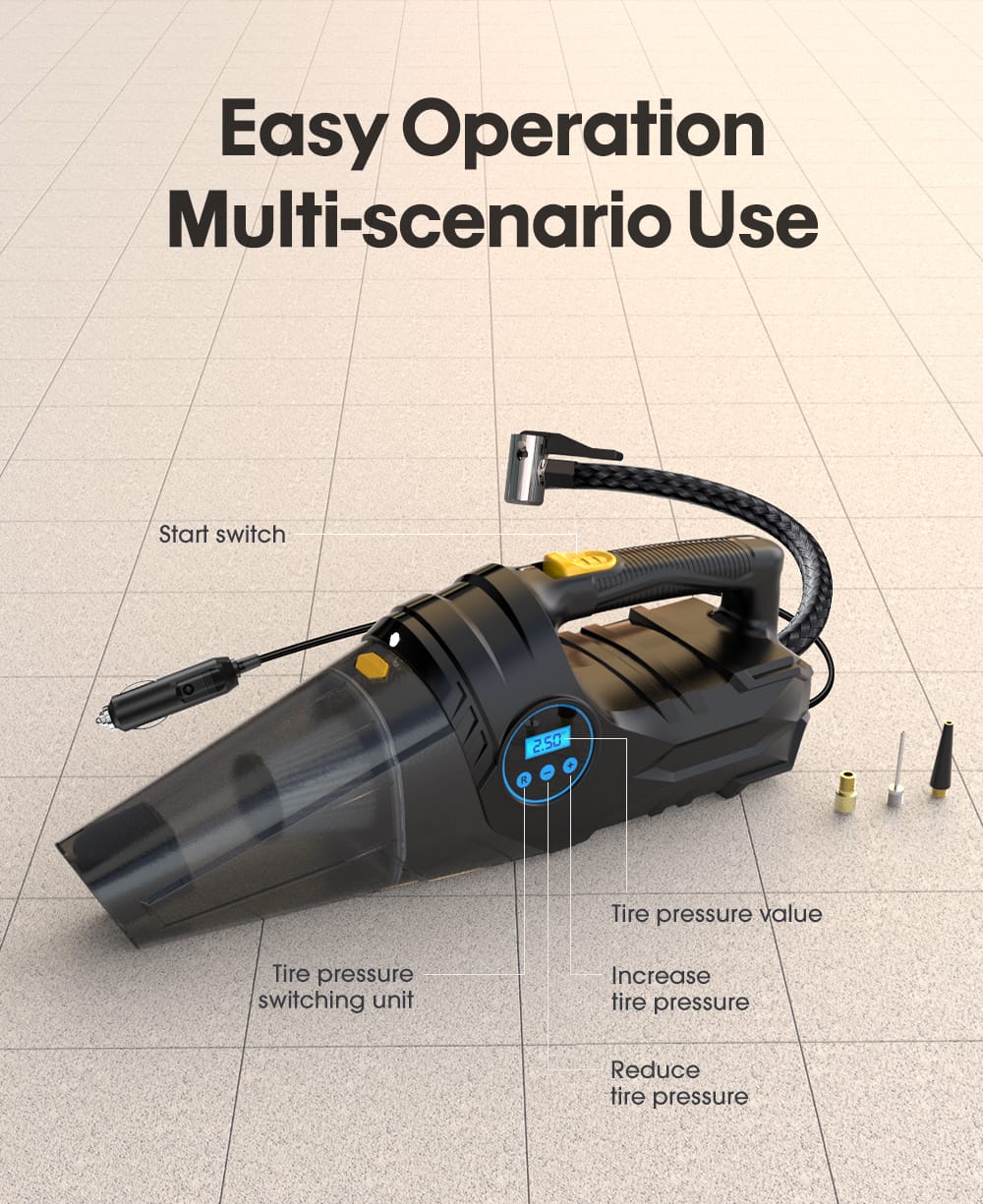 Portable Car Tyre Inflator and Vacuum Cleaner
