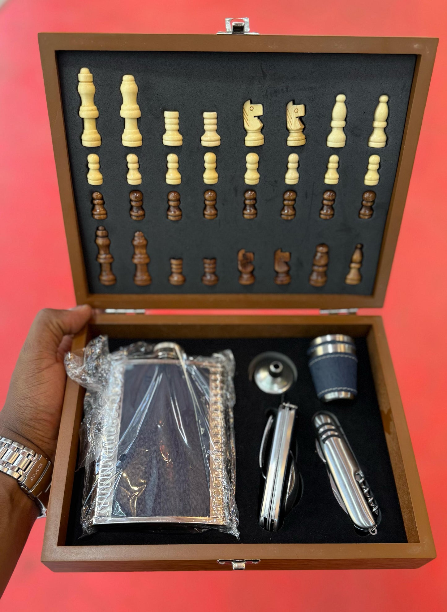 Wooden Chess Black Leather Hip Flask Set