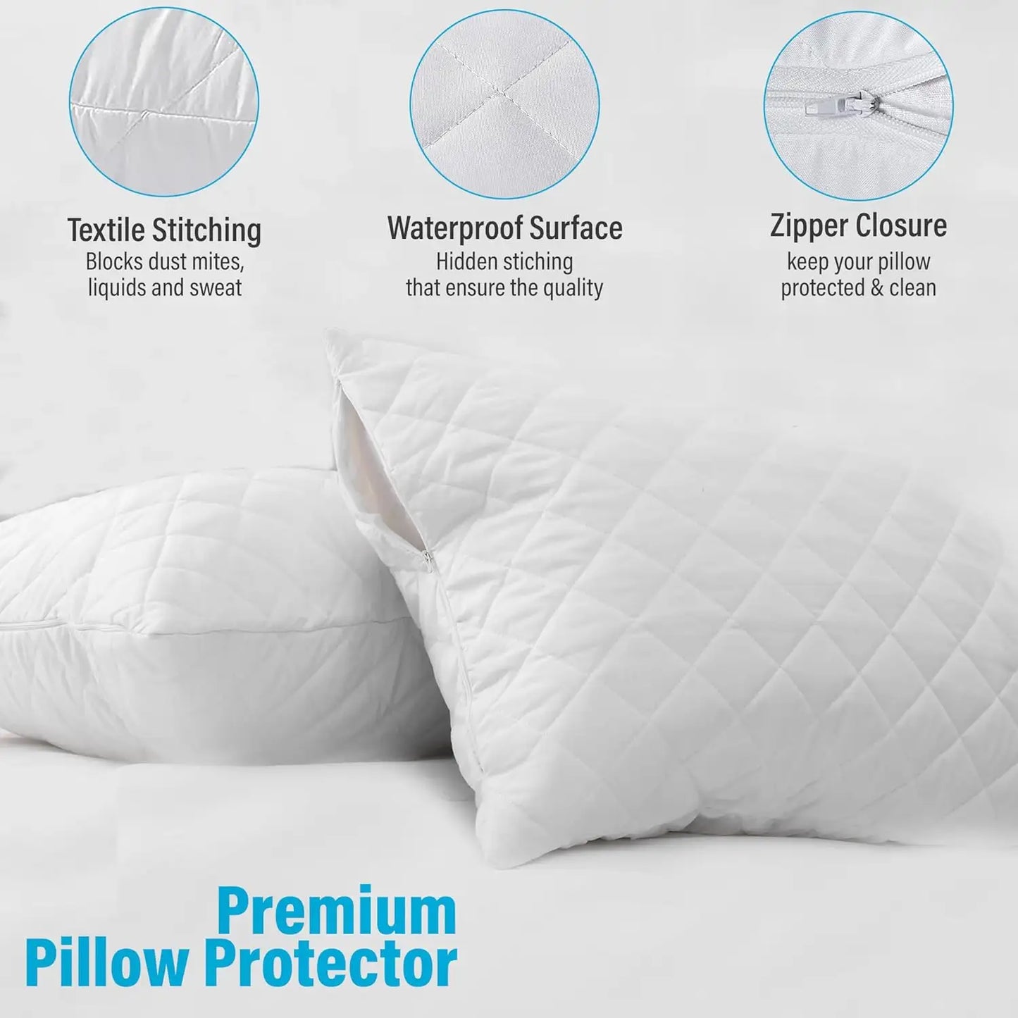 2 Pack Pillow Protectors Quilted Zipped Breathable 100% Cotton Hotel Quality 50 x 75cm