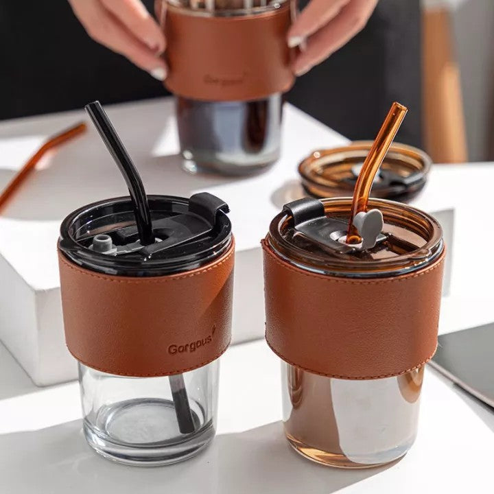 Glass Smoothie Cup with Glass Straw and leather cover 450ml