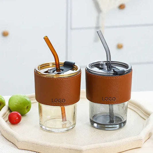 Glass Smoothie Cup with Glass Straw and leather cover 450ml