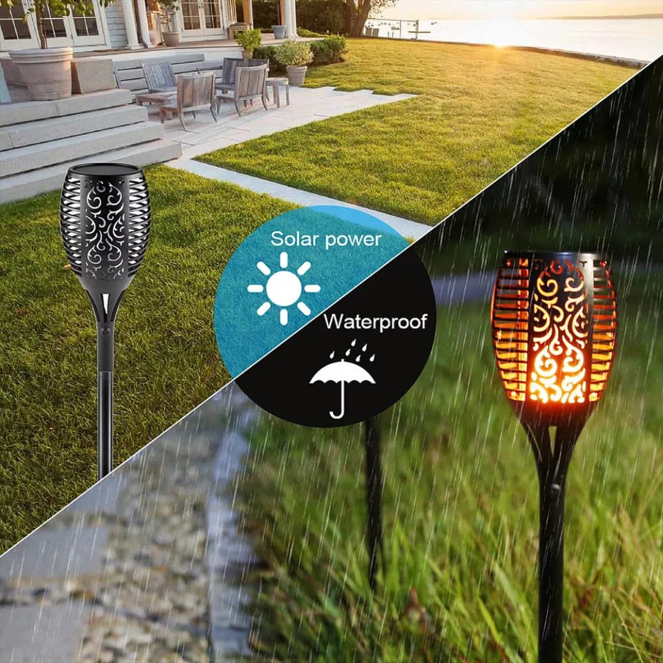 6 pieces LED solar flame lamp for outdoor, waterproof for garden decor.