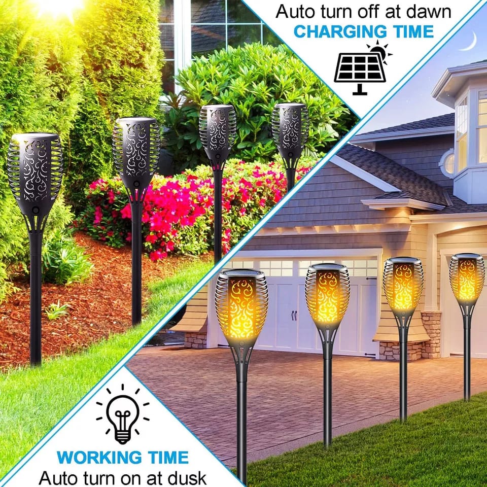 6 pieces LED solar flame lamp for outdoor, waterproof for garden decor.