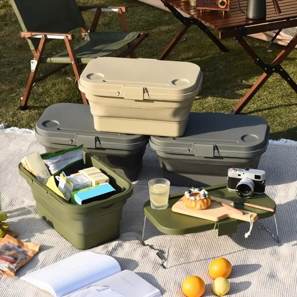 3 in 1 Foldable Collapsible Camping Hand Basket /Picnic Basket Bag- Convertible to a Table, Storage unit, Cutting Board