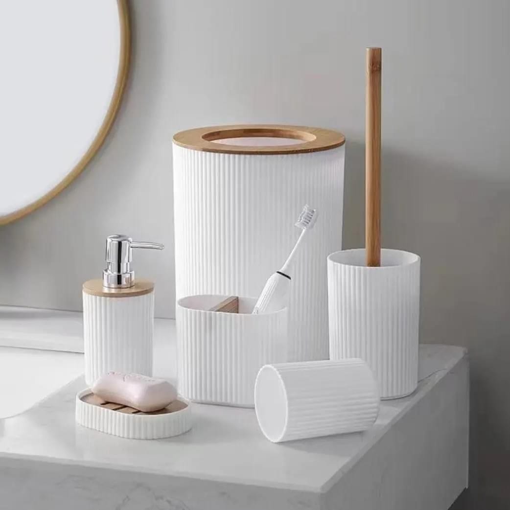 6 in 1 Bathroom Accessories Set With Wooden Ring