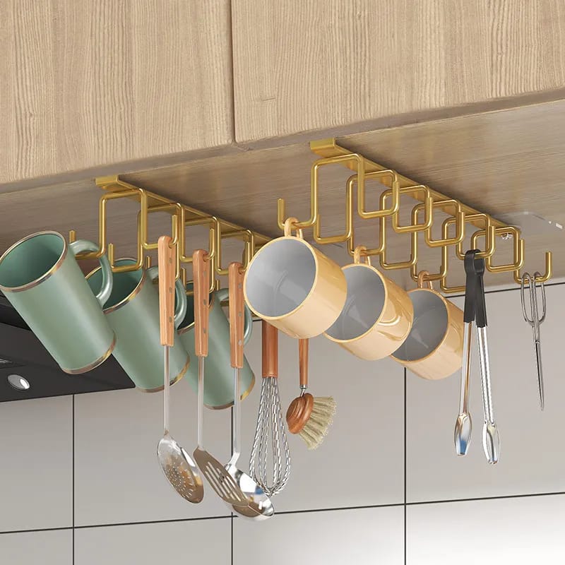 Multifunction Double-row Storage Hook Wardrobe Cabinet Metal Shelves Hanging Hooks Punch-free Hanging Cup Holder