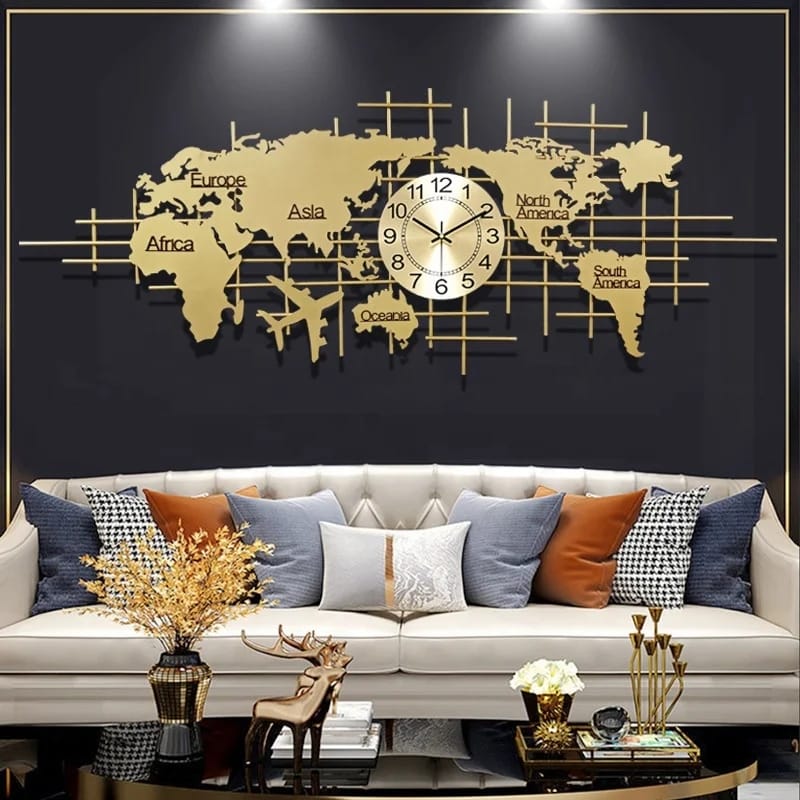 Decorative World Map Metallic Silent Wall clock