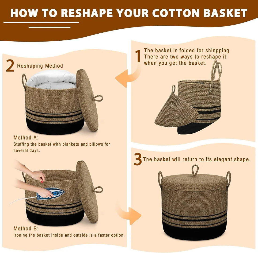 Cotton Rope Basket with Lid Round Woven Decorative Storage Basket
