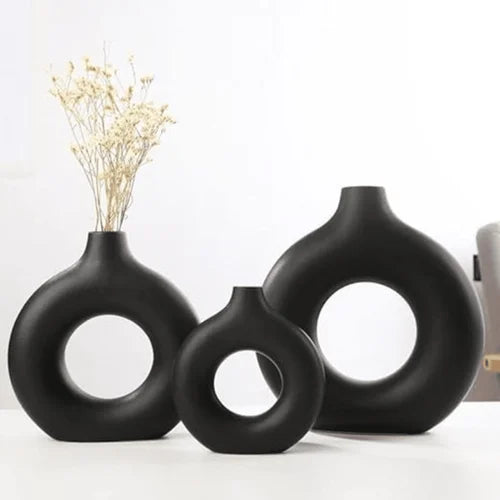 Black Donut Shape Ceramic Flower Vase