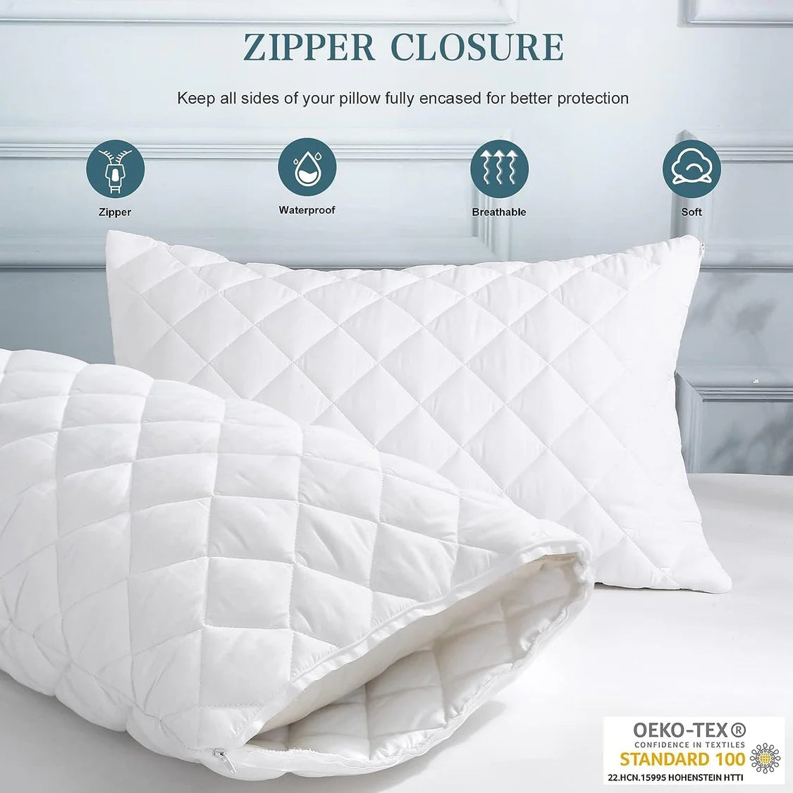 2 Pack Pillow Protectors Quilted Zipped Breathable 100% Cotton Hotel Quality 50 x 75cm