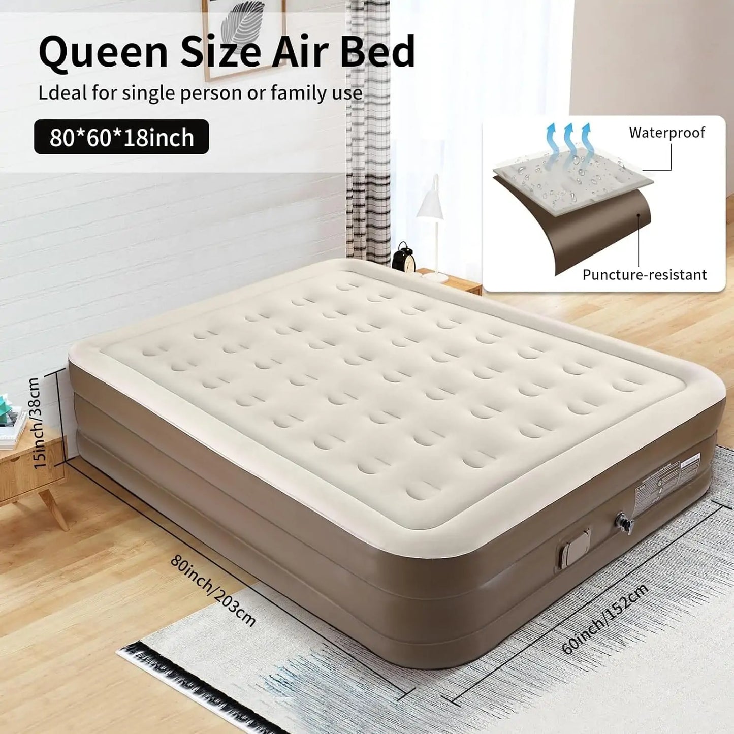 Inflatable Queen Size Airbed Mattress with Built-In Pump