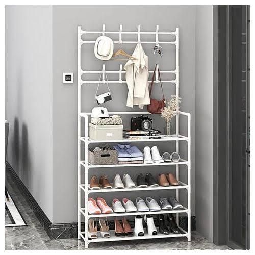 Multifunctional 5 Tier Shoe Rack Organizer+ Simple Floor Coat Hat Rack with 8 hooks