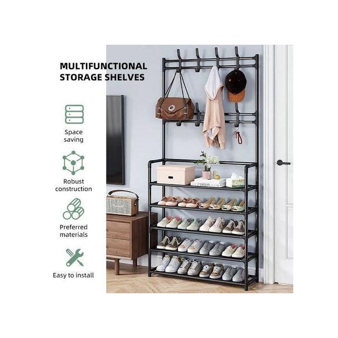 Multifunctional 5 Tier Shoe Rack Organizer+ Simple Floor Coat Hat Rack with 8 hooks