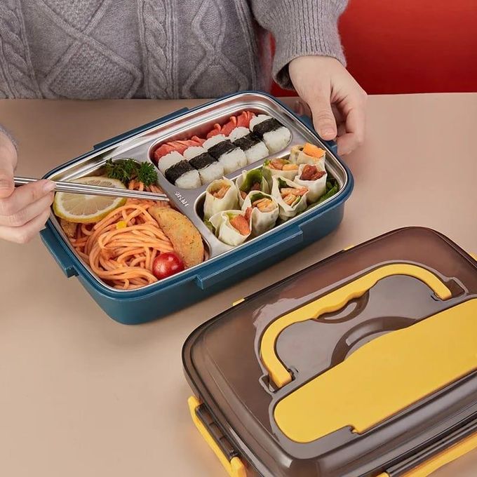 4 Grid Stainless Steel Lunch Box With Spoon and Chopsticks