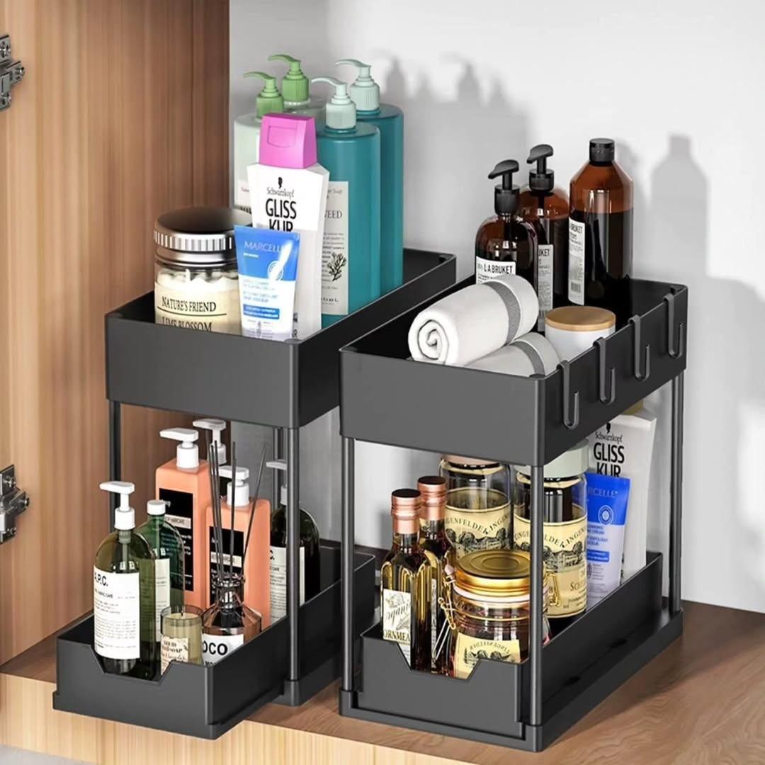 Double sliding under sink organizer 2 tier storage