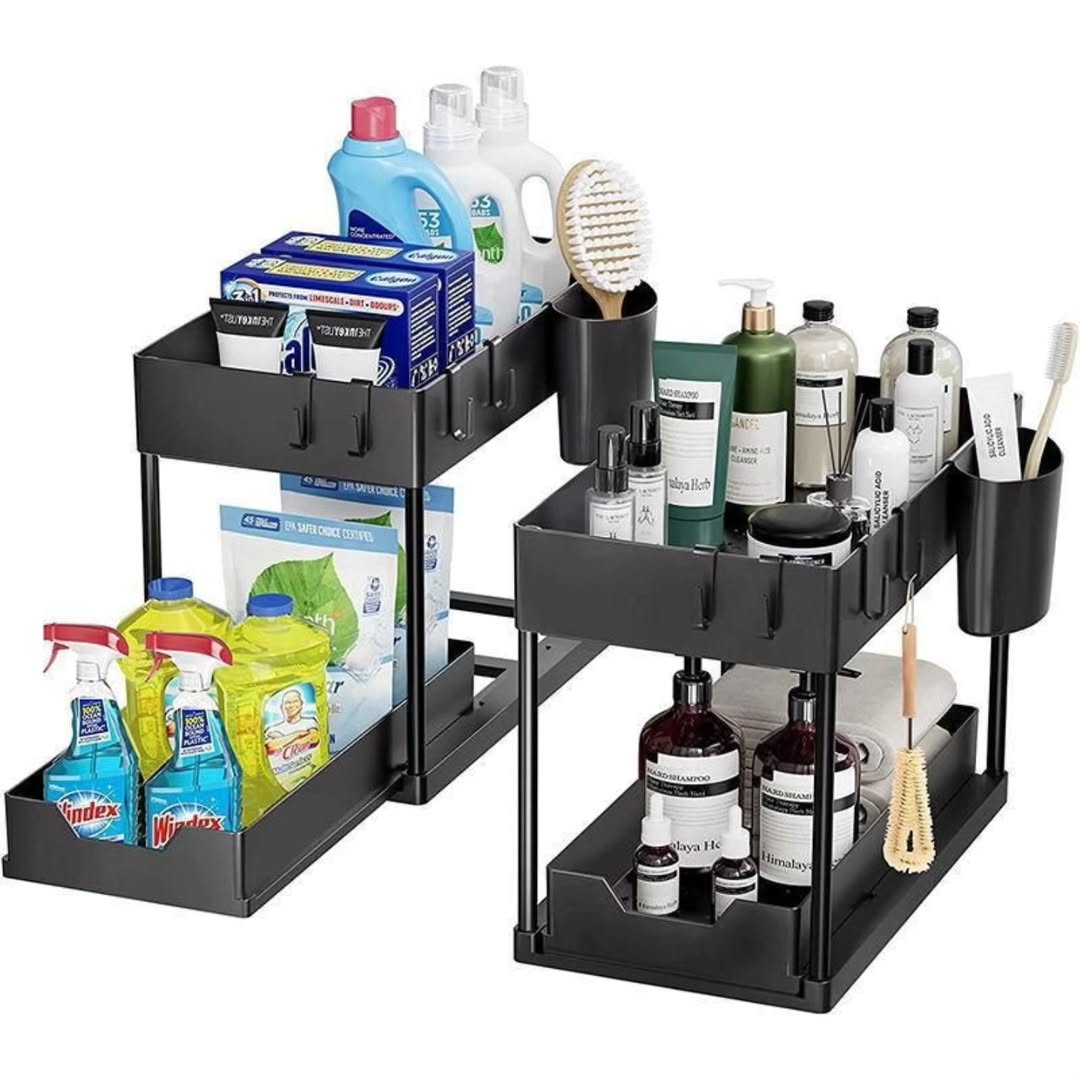 Double sliding under sink organizer 2 tier storage