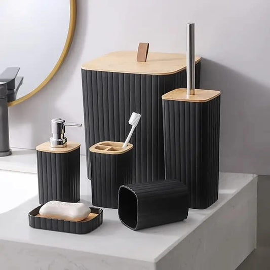 6 in 1 bathroom accessories set with wooden top