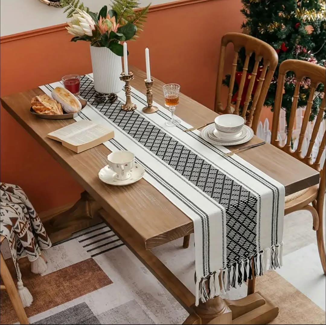 Woven textured table runner with tassels