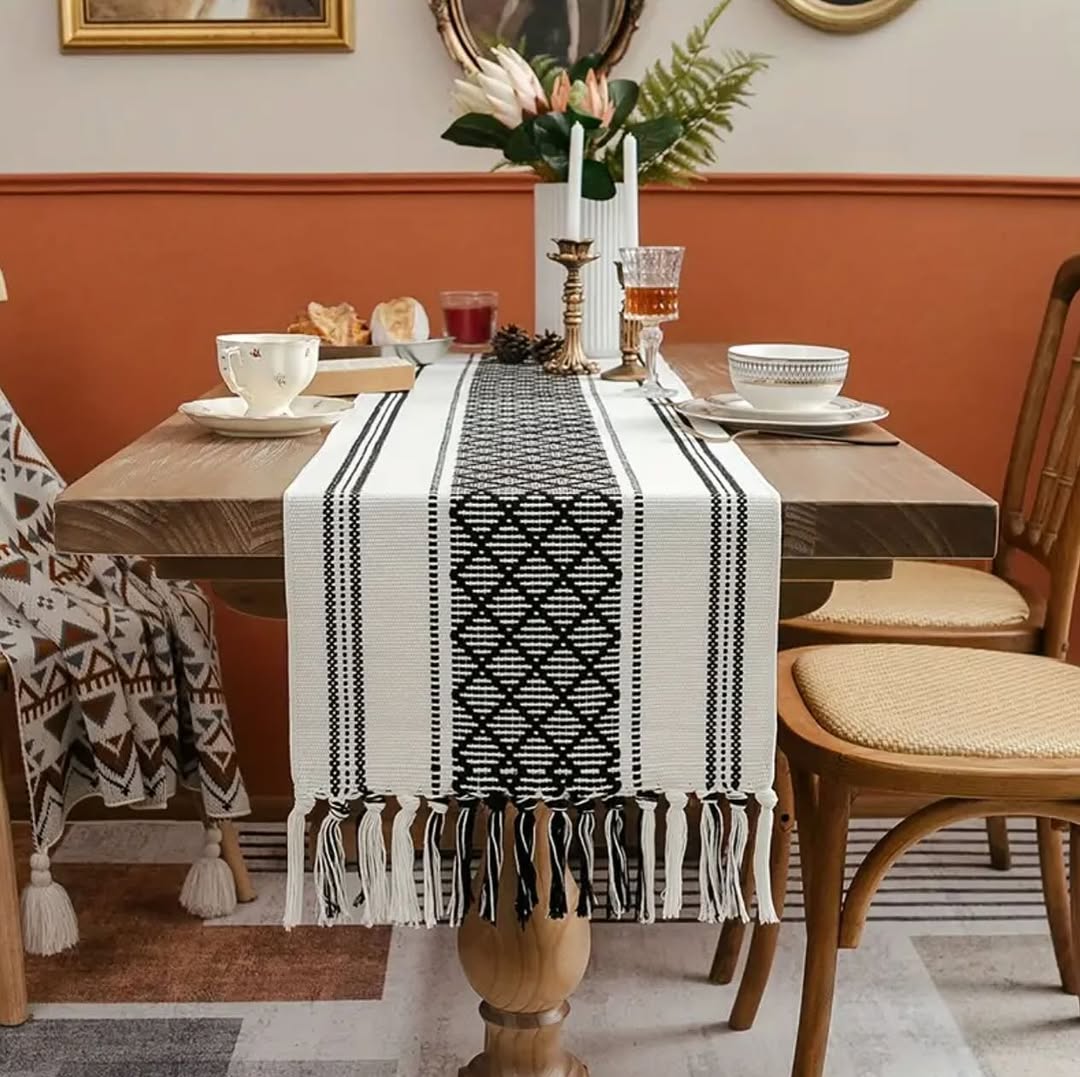 Woven textured table runner with tassels