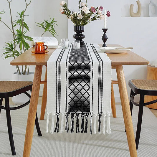 Woven textured table runner with tassels