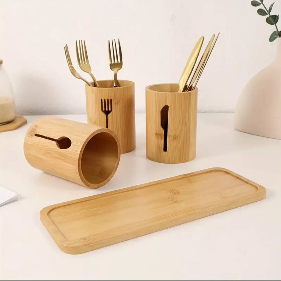 4 in 1 bamboo cutlery holder inclusive of a bamboo base