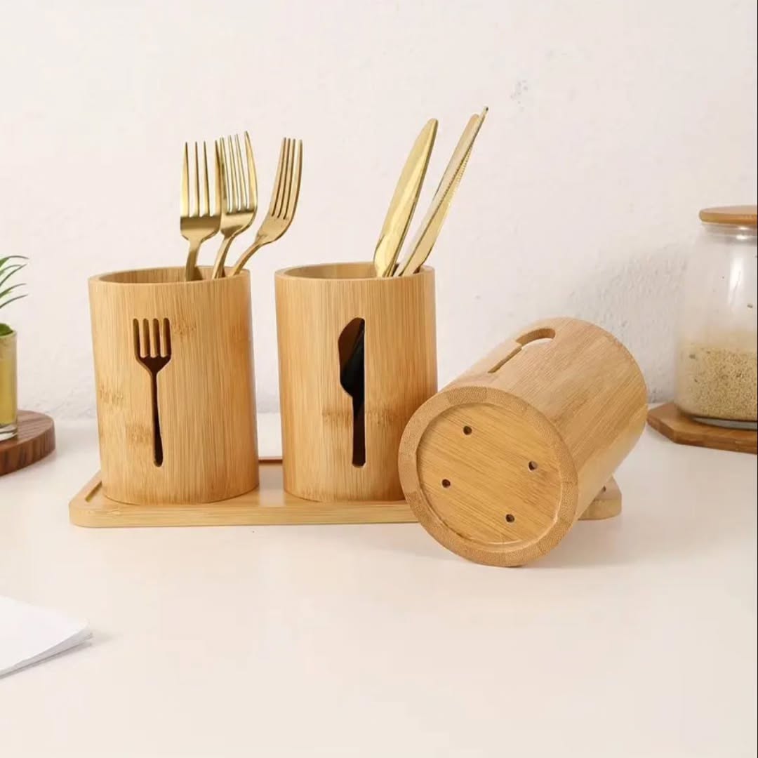 4 in 1 bamboo cutlery holder inclusive of a bamboo base