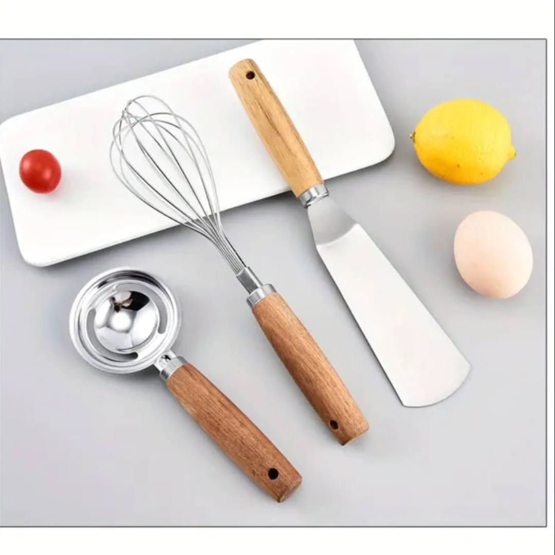 3 pcs Stainless kitchen accessories with wooden handles.