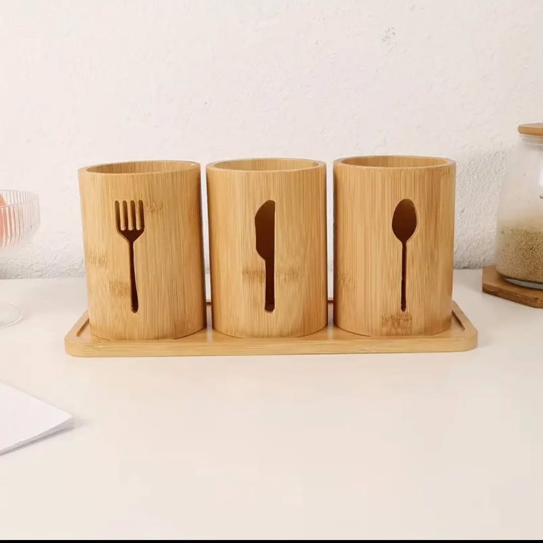 4 in 1 bamboo cutlery holder inclusive of a bamboo base