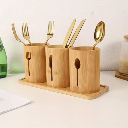 4 in 1 bamboo cutlery holder inclusive of a bamboo base