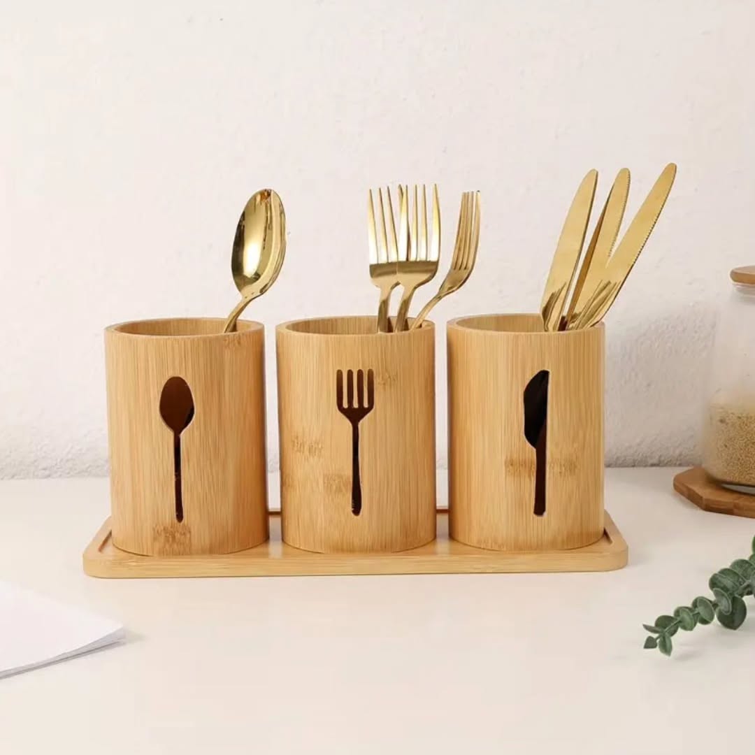 4 in 1 bamboo cutlery holder inclusive of a bamboo base