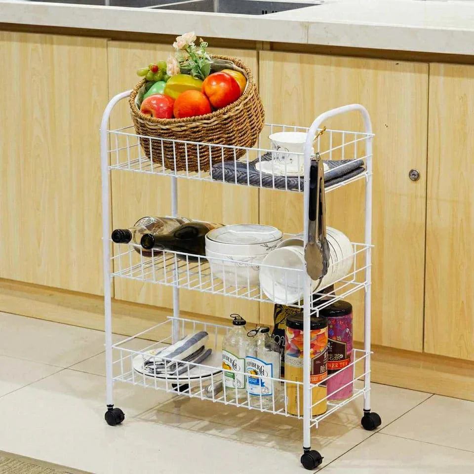 Auxiliary Trolley with wheels and metal mesh trays for kitchen, bathroom, living room