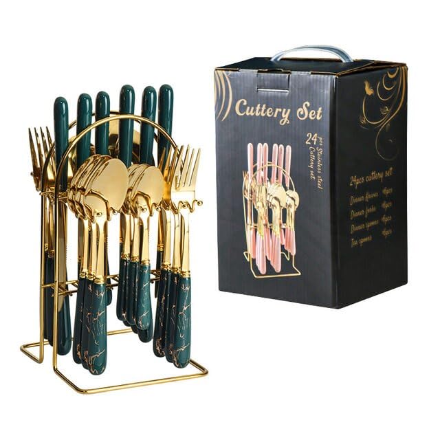 24PC Cutlery set with green handle