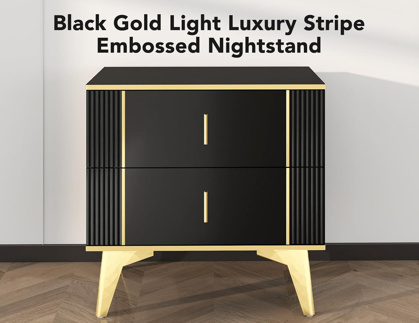 Black Gold Nightstand, Light Luxury Striped Bedside Table with 2 Wooden Drawers