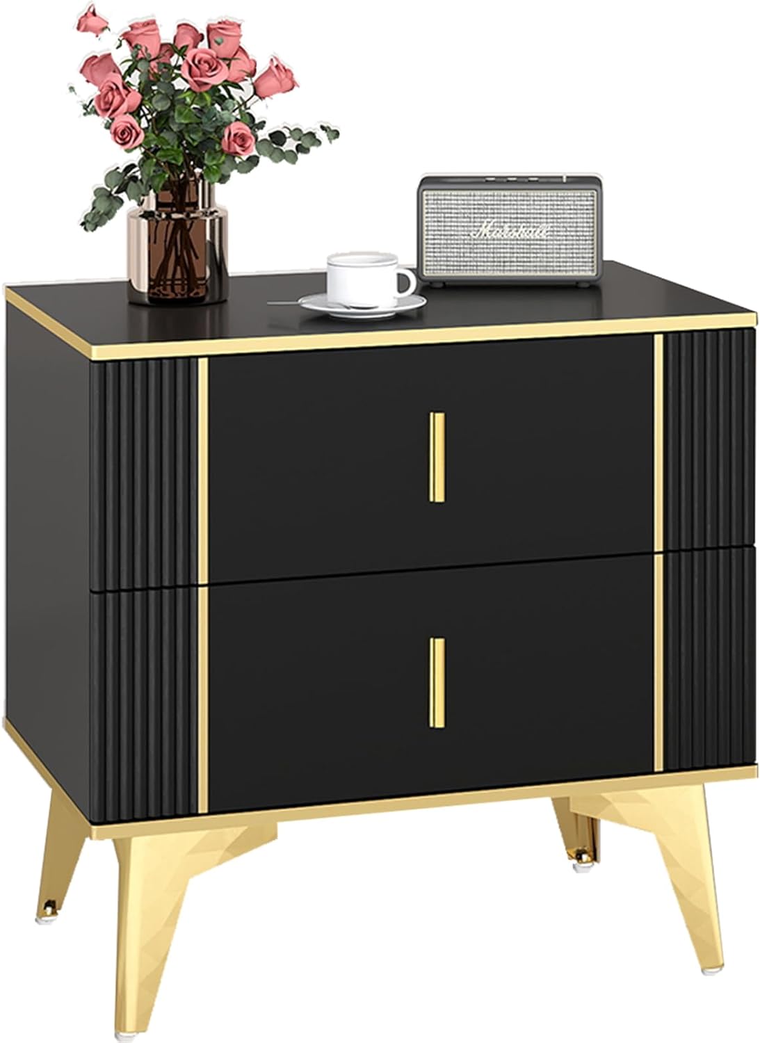 Black Gold Nightstand, Light Luxury Striped Bedside Table with 2 Wooden Drawers