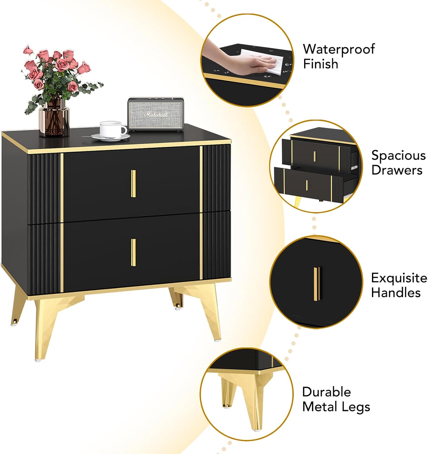 Black Gold Nightstand, Light Luxury Striped Bedside Table with 2 Wooden Drawers