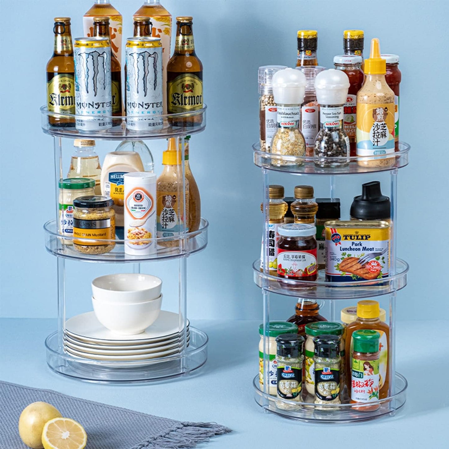 3 Tier Clear Lazy Susan Organizer, 9-Inch Rotating Lazy Susan Turntable for Cabinet Plastic Lazy Susan Spice Rack Organizer