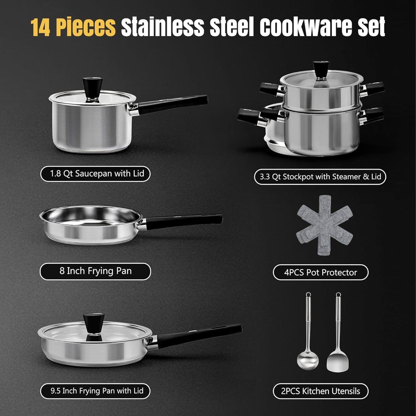 14pcs Stainless Steel Pots and Pans Set with Stay-Cool Handles, Kitchen Induction Cookware