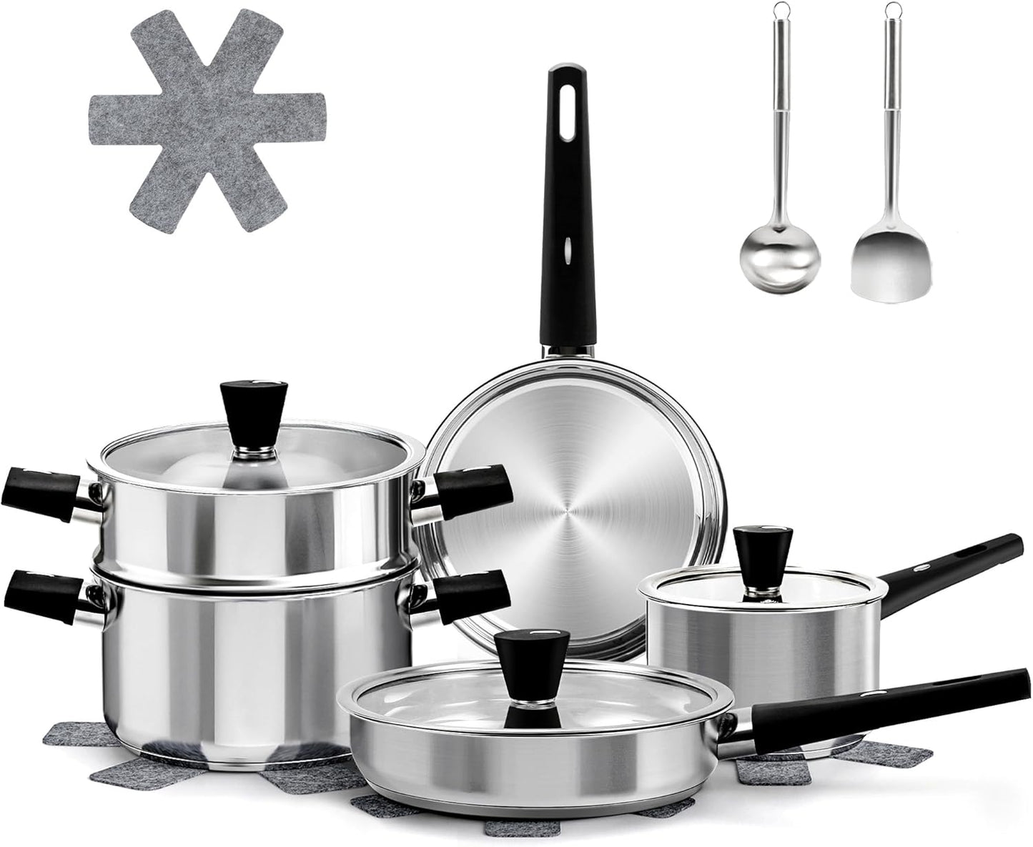 14pcs Stainless Steel Pots and Pans Set with Stay-Cool Handles, Kitchen Induction Cookware