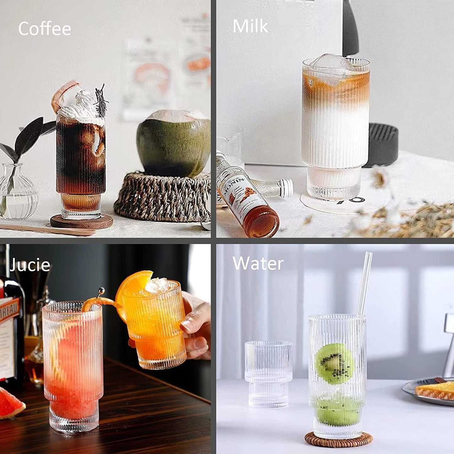 Ribbed Tumblers with Straws Glass Tumbler Cocktail Glasses 6pcs