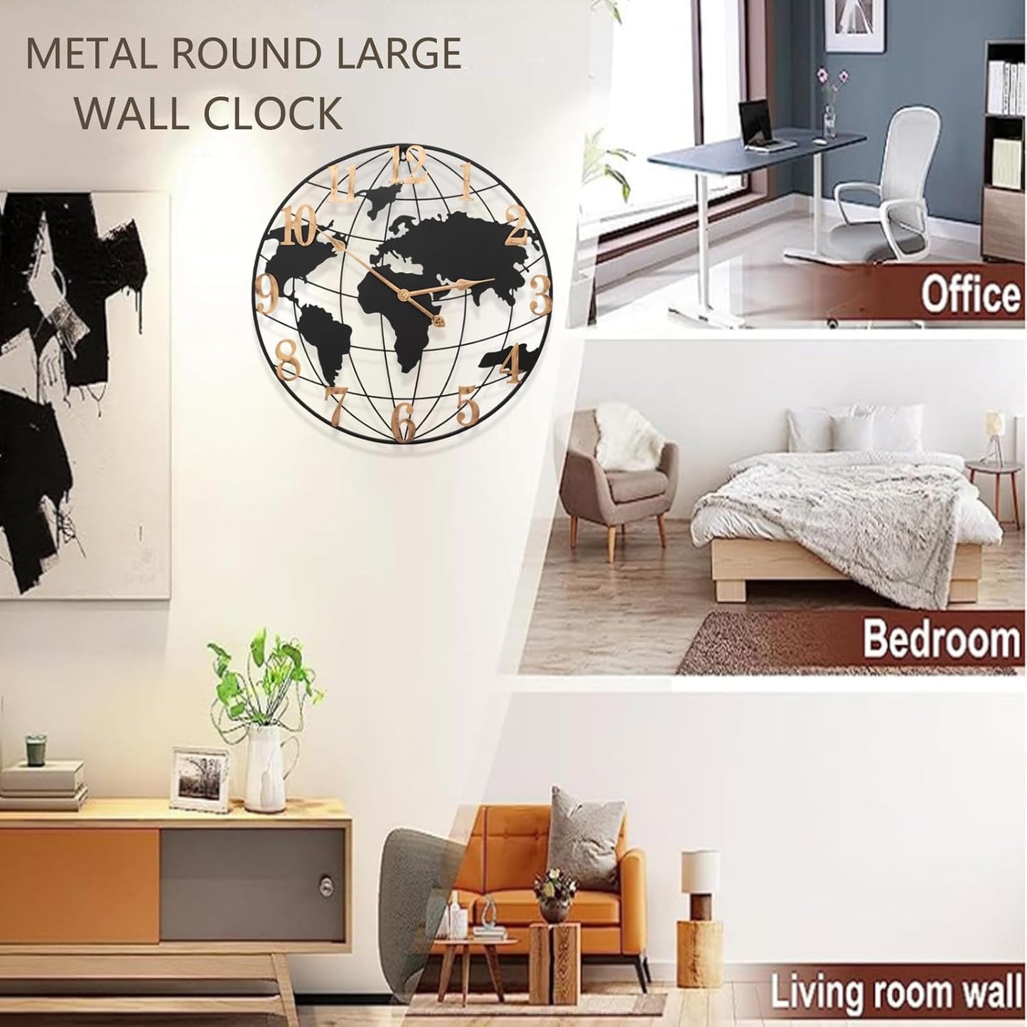 Large World Map Wall Clock for Living Room Decoration 60cm Modern Home Decor