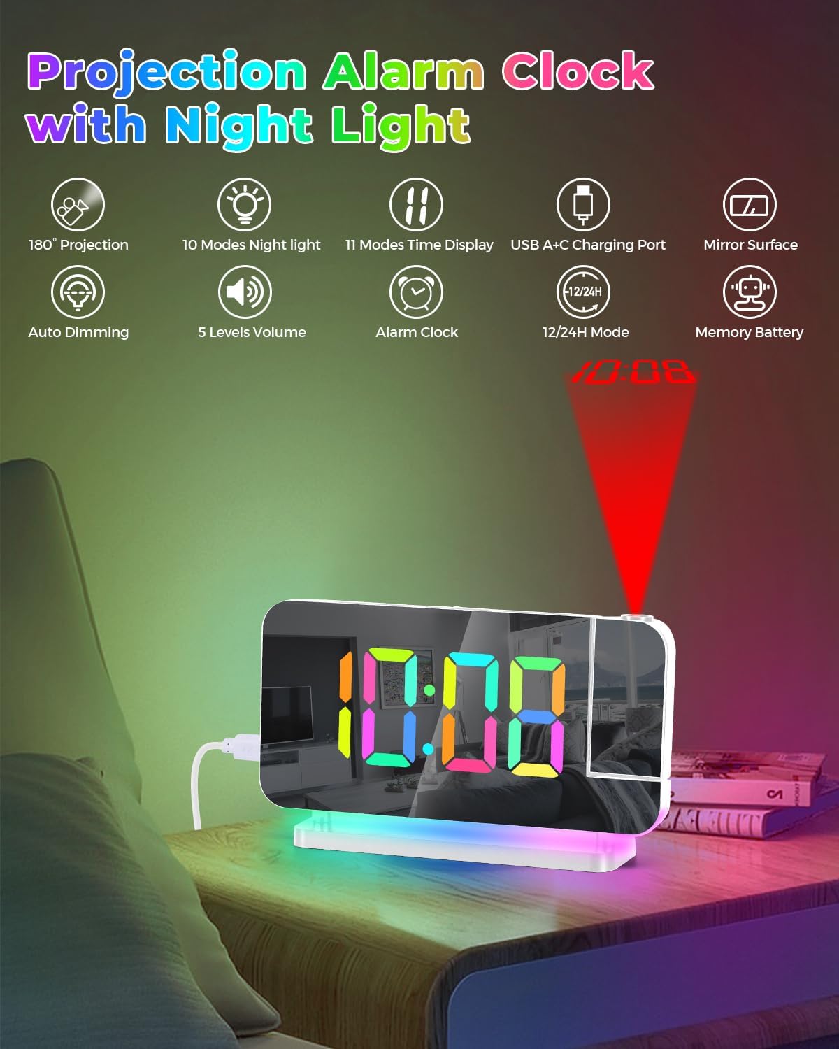 180% Projection LED Digital Clock With Alarm Clock For Table