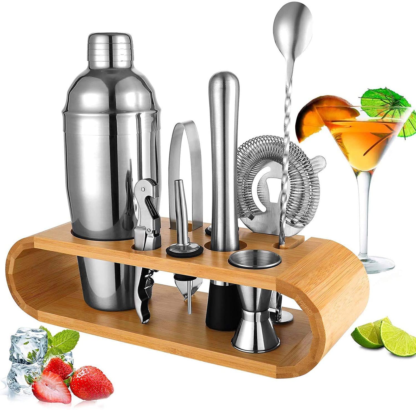 10pcs Bartender Kit-Cocktail Shaker Set Bar Tool Set with Sleek Bamboo Stand Base