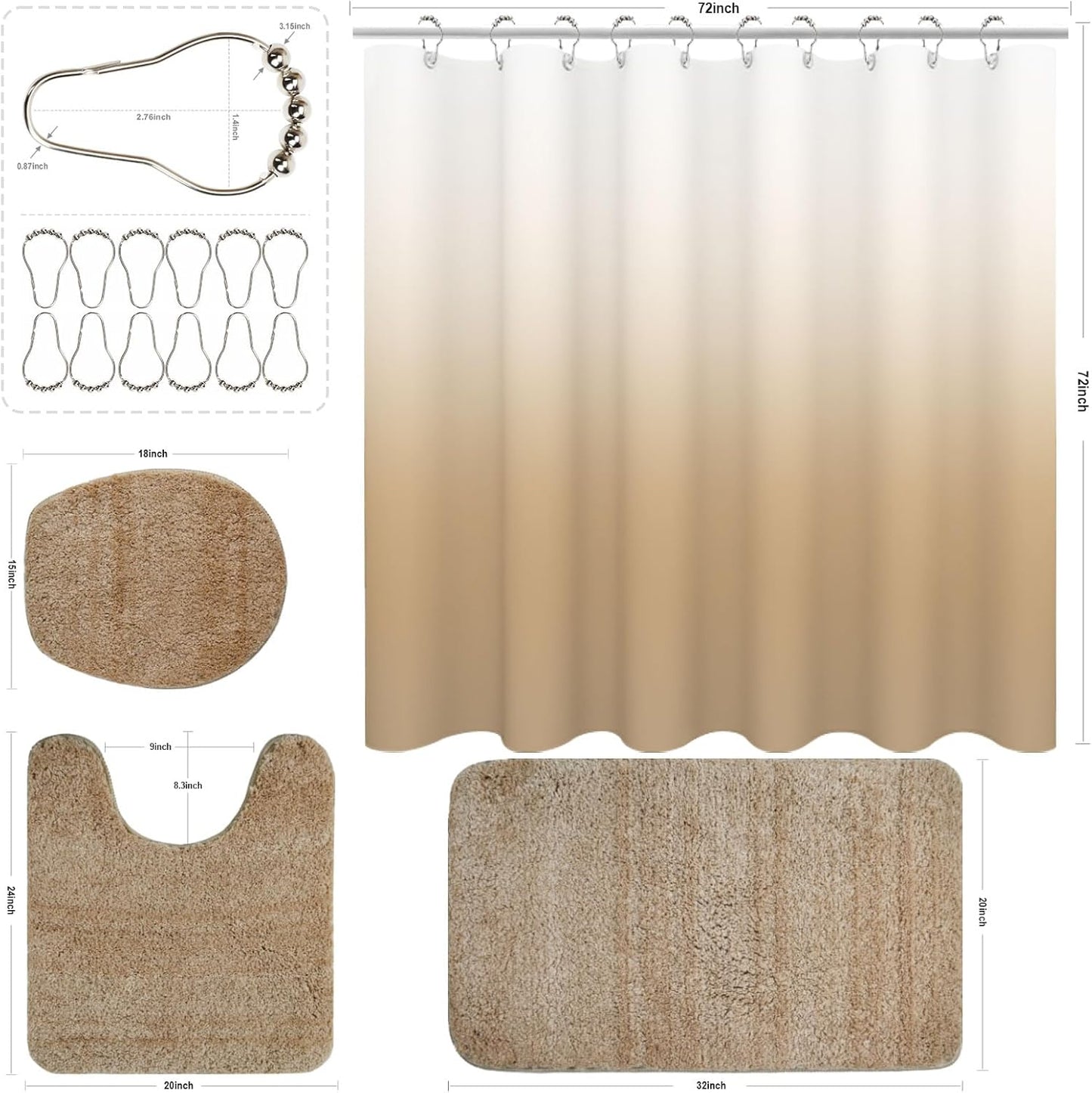 4 in 1 Bathroom sets with shower curtain and rugs