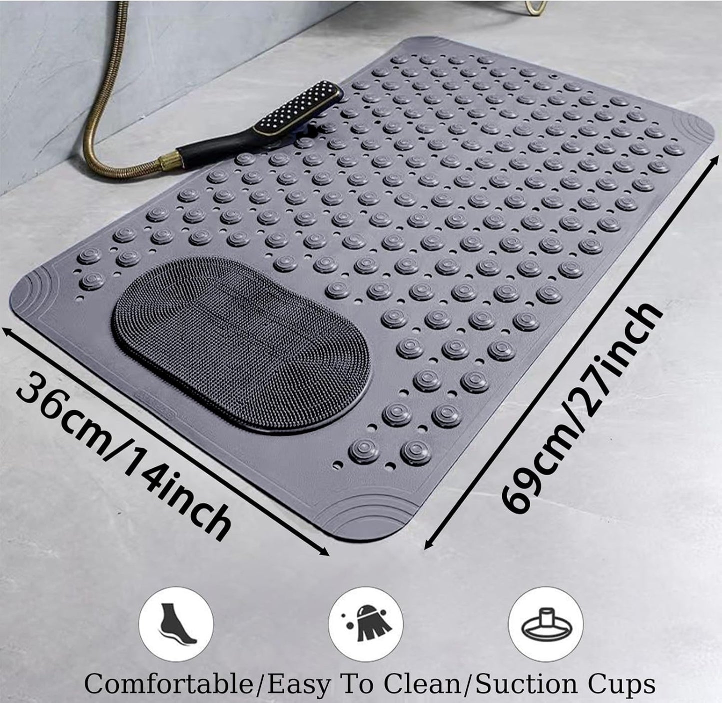 Shower Mat Non Slip - Bathtub Mat with Suction Cups and Drain Holes with Foot Scrubber Massage