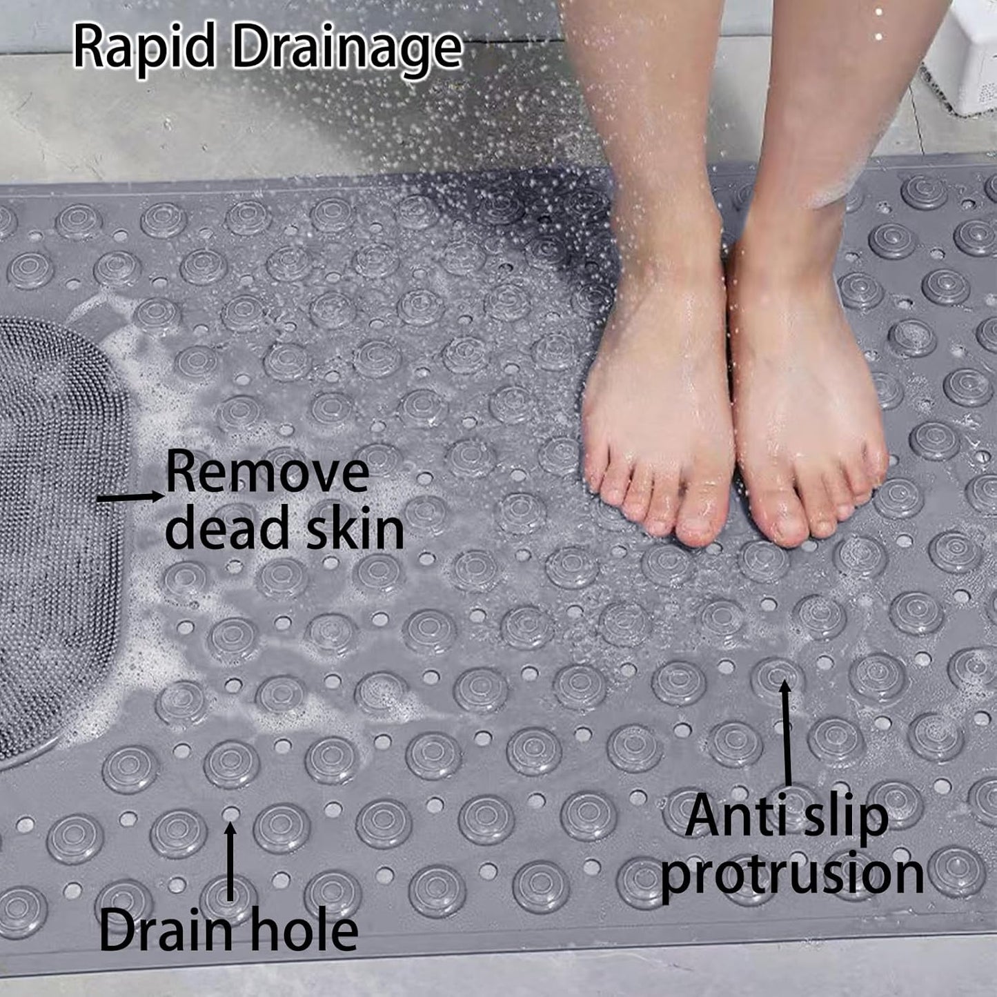 Shower Mat Non Slip - Bathtub Mat with Suction Cups and Drain Holes with Foot Scrubber Massage