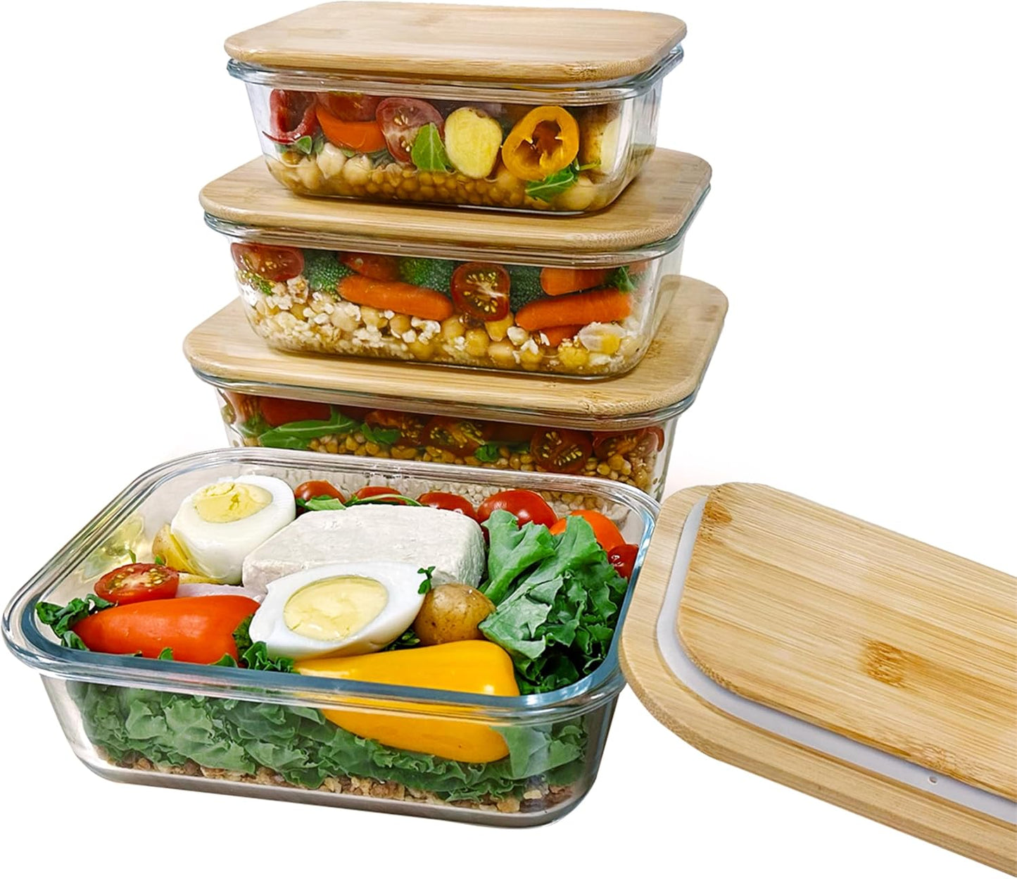 3pcs glass bowl storage containers with bamboo lid