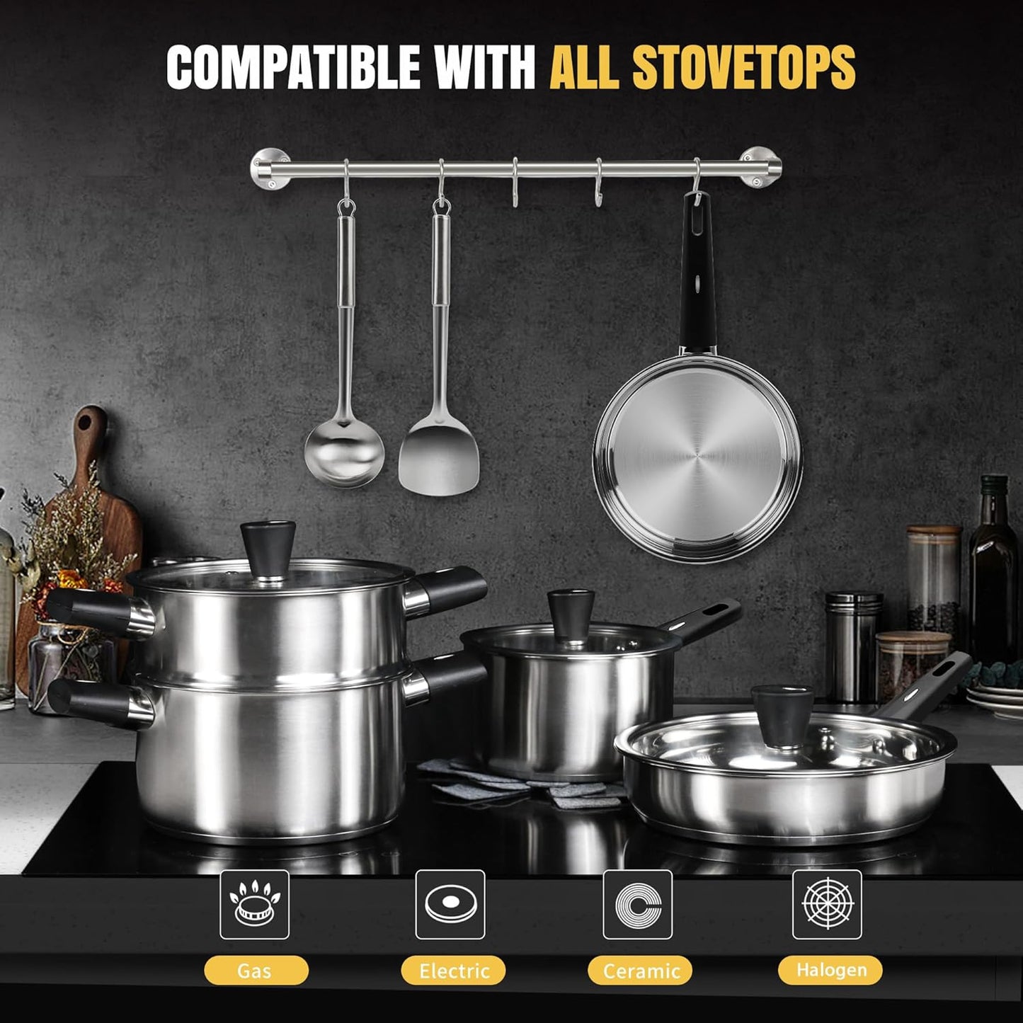 14pcs Stainless Steel Pots and Pans Set with Stay-Cool Handles, Kitchen Induction Cookware