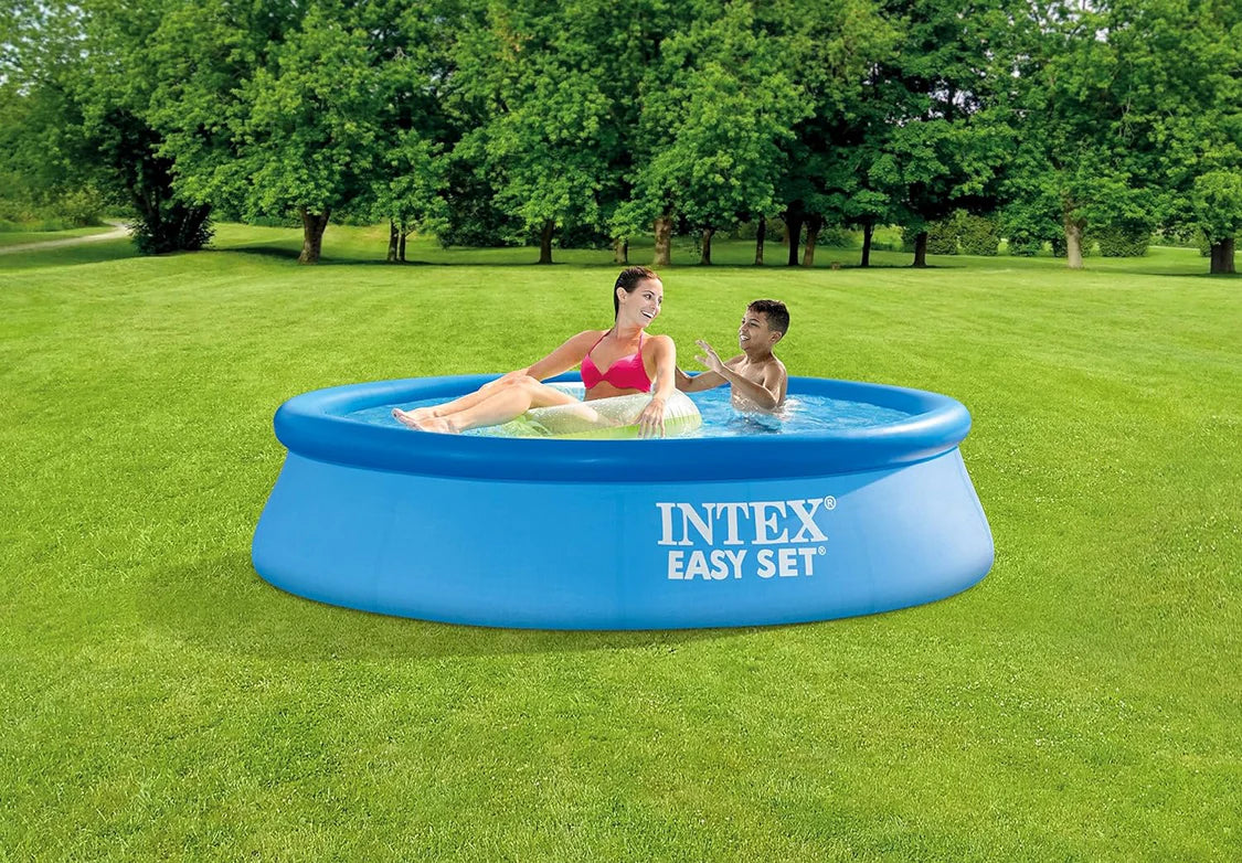 Intex 8 ft X 24 Inch Easy Set Inflatable Puncture Resistant Circular Above Ground Portable Outdoor Family Swimming Pool, Blue